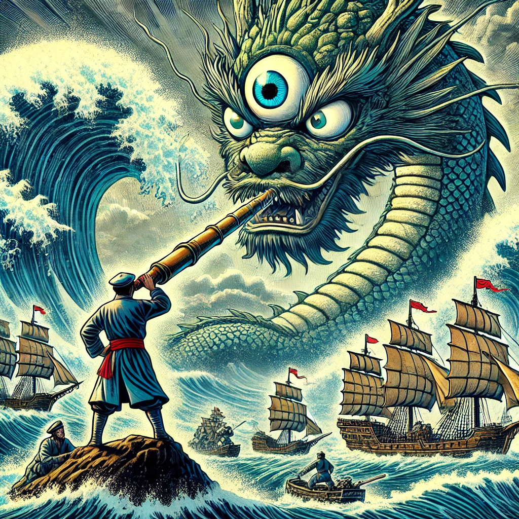 An illustration depicting Qianliyan's battle with the sea monster. The background features turbulent waves of the East Sea and a massive, menacing sea monster stirring up waves. Qianliyan stands atop a rock, holding a telescope and gazing sharply at the monster's weak point. Several brave sailors’ boats are shown approaching the monster under Qianliyan’s guidance. The color scheme is bold and intense, reflecting the bravery and strength of Qianliyan in battle.