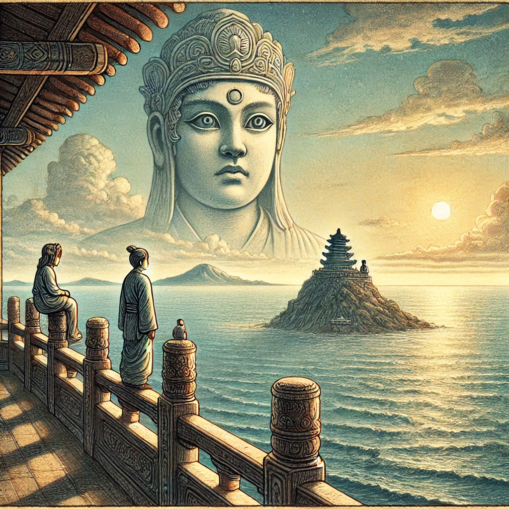 An illustration showing Qianliyan standing atop Mazu’s temple tower, gazing over the sea. In the distance, a faint island can be seen, with the orphan sitting alone. Shunfeng’er stands next to Qianliyan, listening to the sea. The background shows the vast sea and sky, with sunlight peeking through clouds, symbolizing hope and protection.