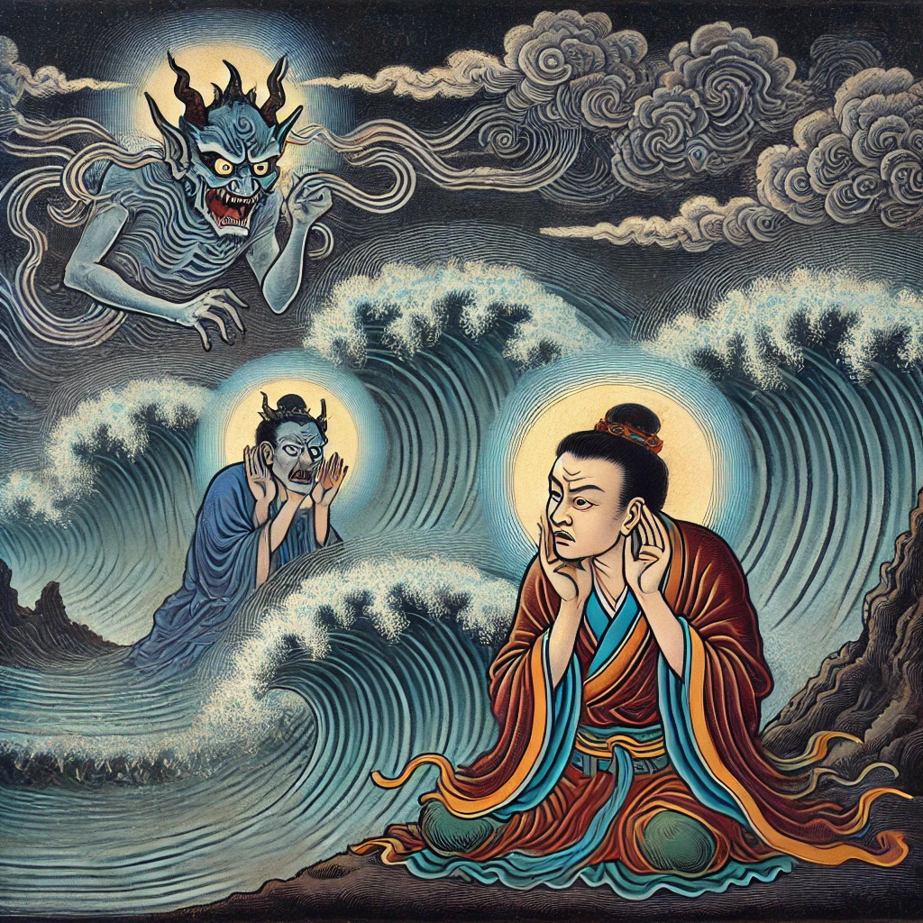 An illustration of Shunfeng'er confronting the Demon of Sound. The scene depicts a stormy night on the sea; Shunfeng'er stands on the shore, his hands cupped to his ears, listening intently. In the distance, the sea is filled with waves of demonic sound, with the demon's shadow faintly visible among the sound waves, attempting to manipulate human minds. Shunfeng'er uses his divine powers to disperse the evil sound, with wind and waves blending into a tense atmosphere.
