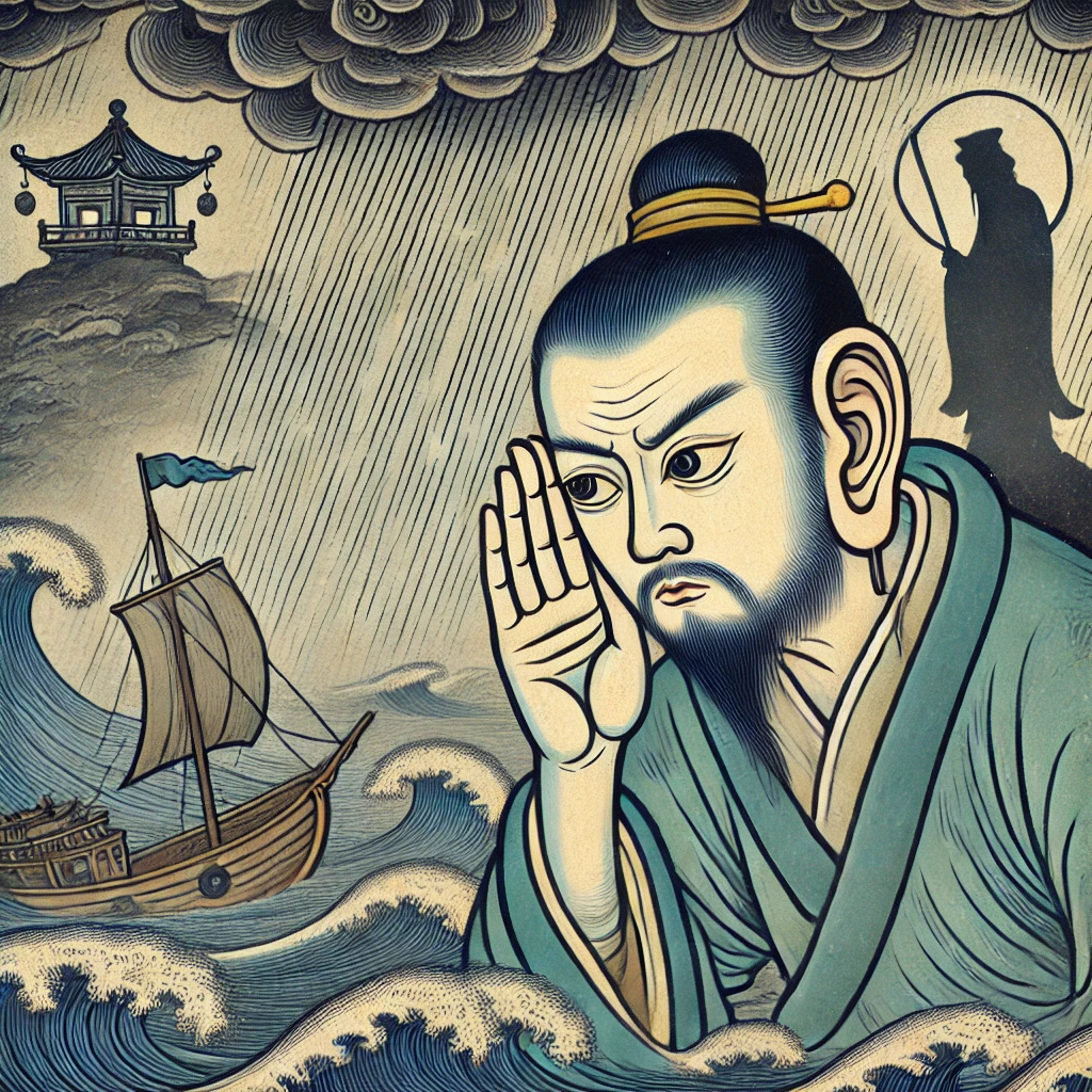 An illustration of Shunfeng'er standing on a high vantage point, listening intently to the faint cries for help from afar. The background shows a fisherman's small boat capsizing in a storm, with Shunfeng'er's expression focused as if he's pinpointing the exact location of the boat through sound. In the distance, the shadow of Mazu's temple symbolizes divine protection.