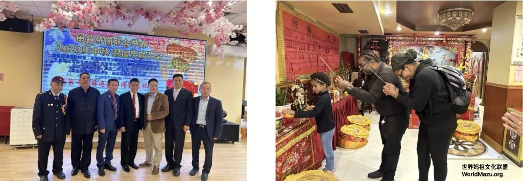 Foreign guests and Mazu followers offering incense at the American Mazu Temple